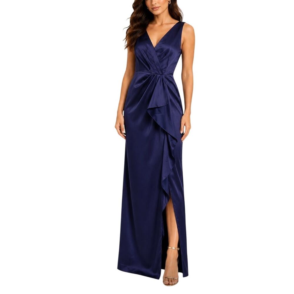 Adrianna Papell Purple Evening Column Gown Satin Ruffle Thigh Slit Dress Size 6